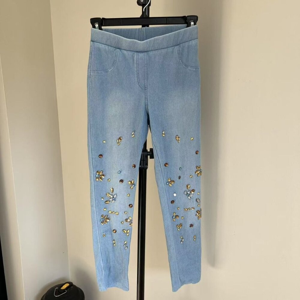 Calzedonia Denim Leggings with some studs. Stretch, stylish, Rhinestones Size S